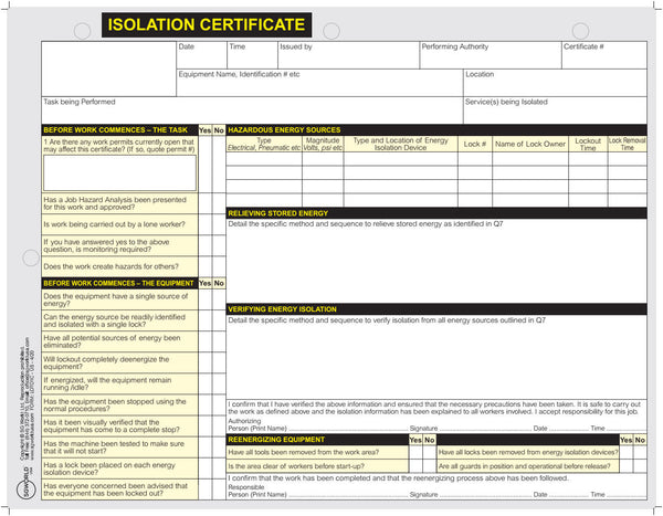 Lockout Tagout Isolation Certificate