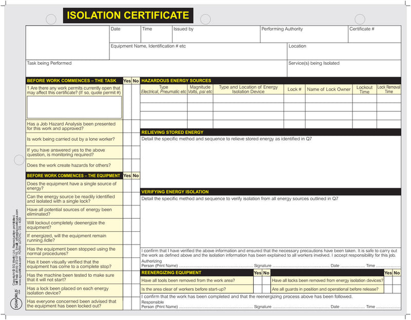 Lockout Tagout Isolation Certificate