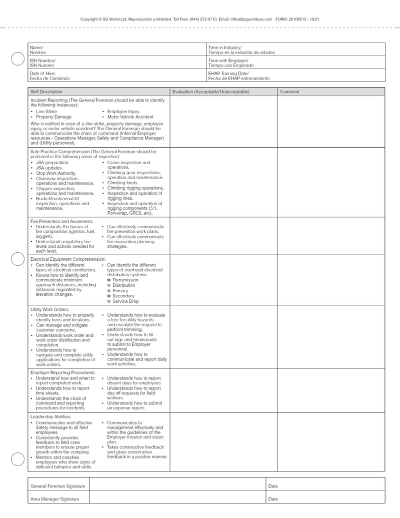 Foreman Skill Assessment Book - Book of 30 Carbon Copy Forms