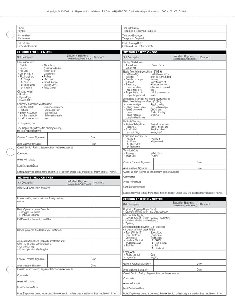 Climber Skill Assessment Book - Book of 30 Carbon Copy Forms