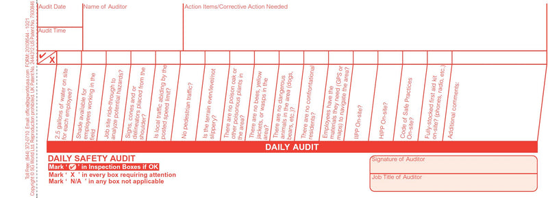 Daily Safety Audit Checkbook - 30 Carbon Copy Forms