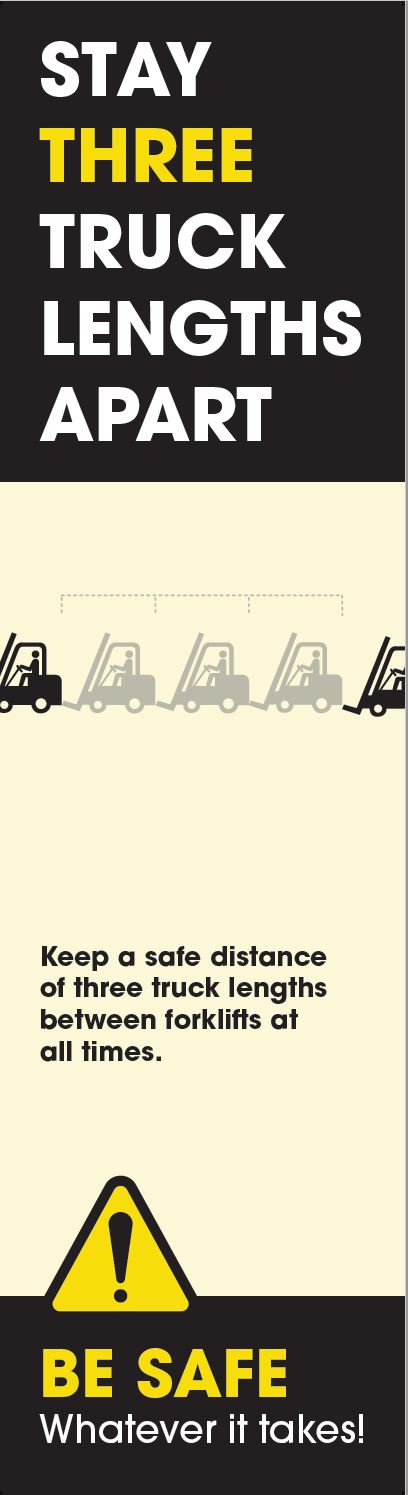 Forklift Truck Safety: 'Stay Three Truck Lengths Apart' Pallet Rack-End Banner