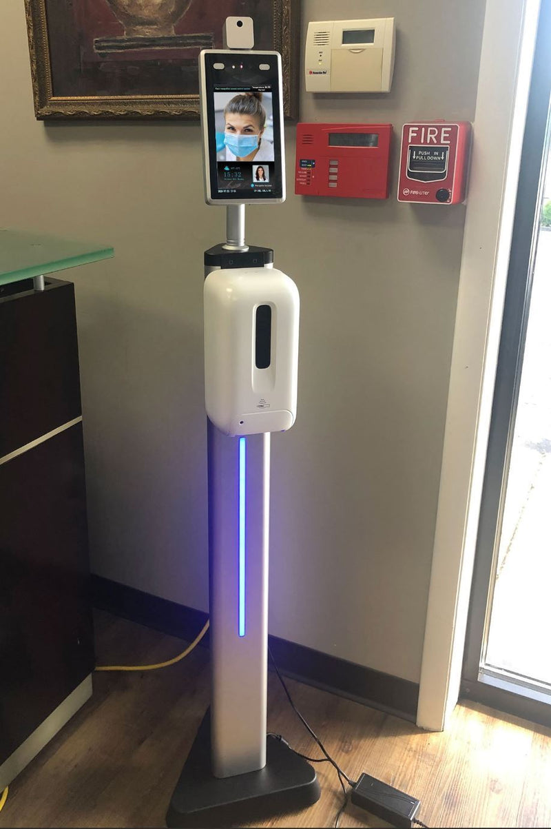 Temperature Scanning & Facial Recognition Kiosk with 4ft Stand & Hand Sanitizer Dispenser