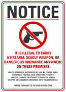 NOTICE It Is Illegal To Carry A Firearm, Deadly Weapon or Dangerous Ordnance Sign LCU1-2002-NP_10x14