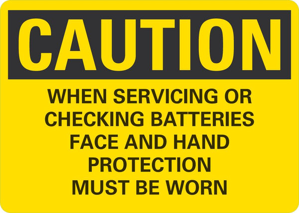 CAUTION When Servicing Or Checking Batteries Face And Hand Protection Must Be Worn Sign LCU3-0471-NP_14x10