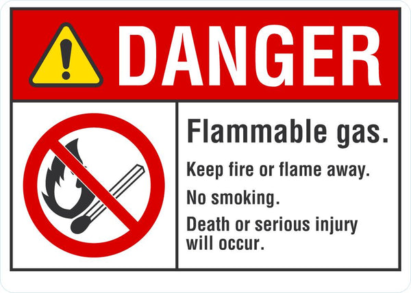 DANGER Flammable Gas, Keep Fire Or Flame Away, No Smoking Sign LCU4-0134-NA_10X7
