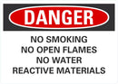 DANGER No Smoking, No Open Flames, No Water, Reactive Materials Sign LCU4-0657-RA_10x7