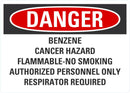 DANGER Benzene, Cancer Hazard, Flammable, No Smoking Sign LCU4-0707-NA_10X7