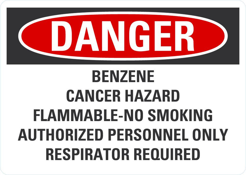 DANGER Benzene, Cancer Hazard, Flammable, No Smoking Sign LCU4-0707-NA_10X7