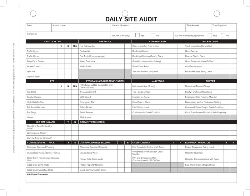 Daily Site Audit Book of 30 Carbon Copy Forms