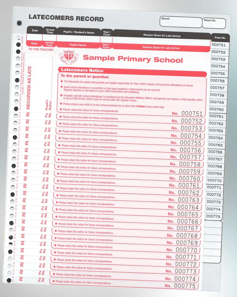 School Latecomers Tardy Registration One Write System